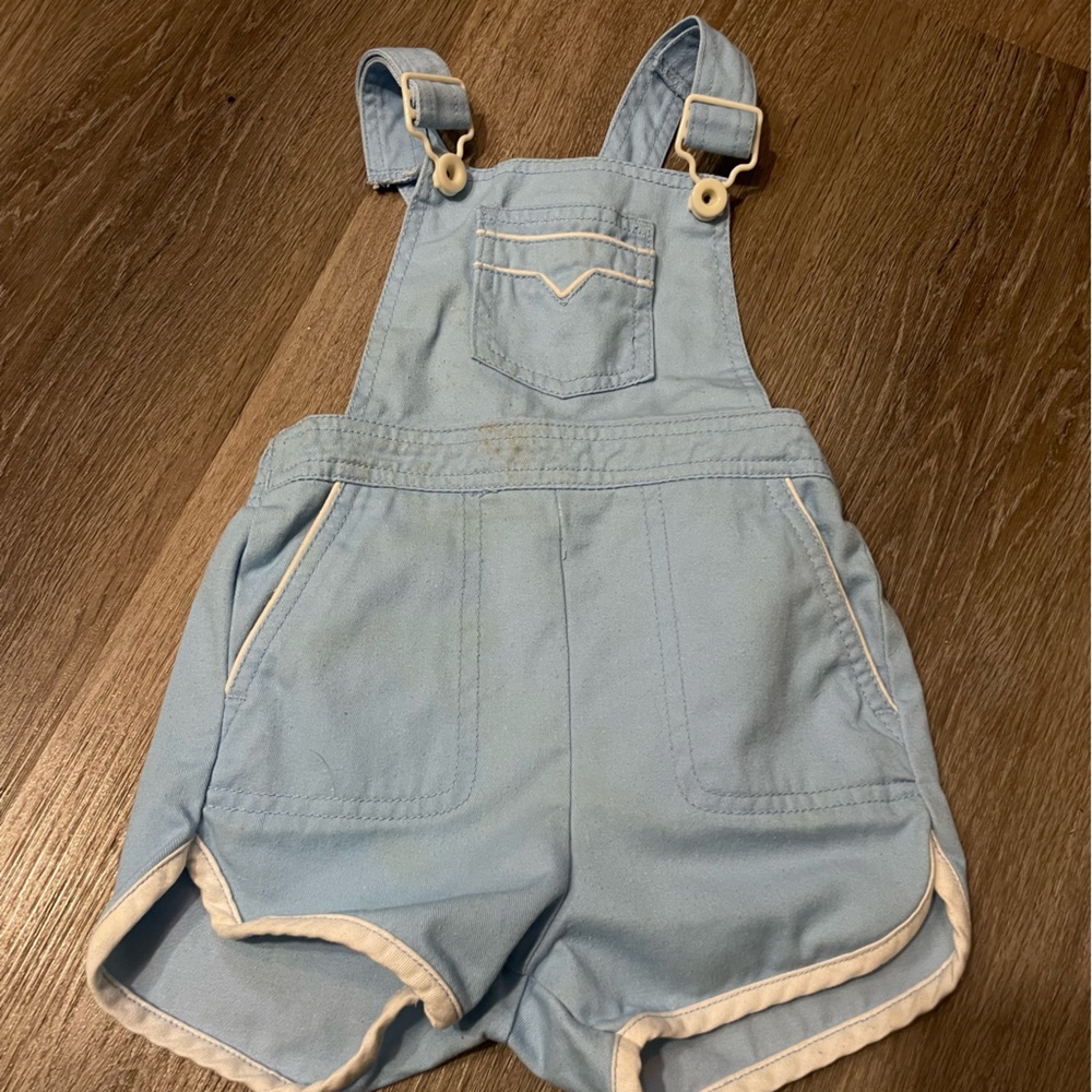 Vintage K-Mart  Baby Boy Kids 60s Light Pastel Blue Short Overalls Romper Sz 4T